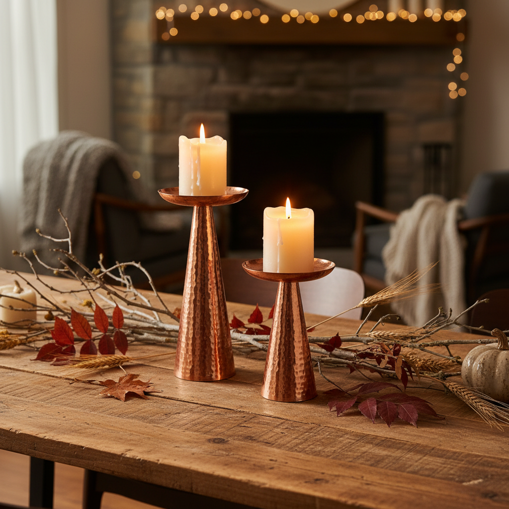 Hammered Copper Pillar Candle Holders
