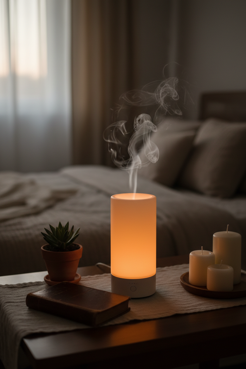 Flame effect aroma diffuser glowing on a cozy bedroom nightstand